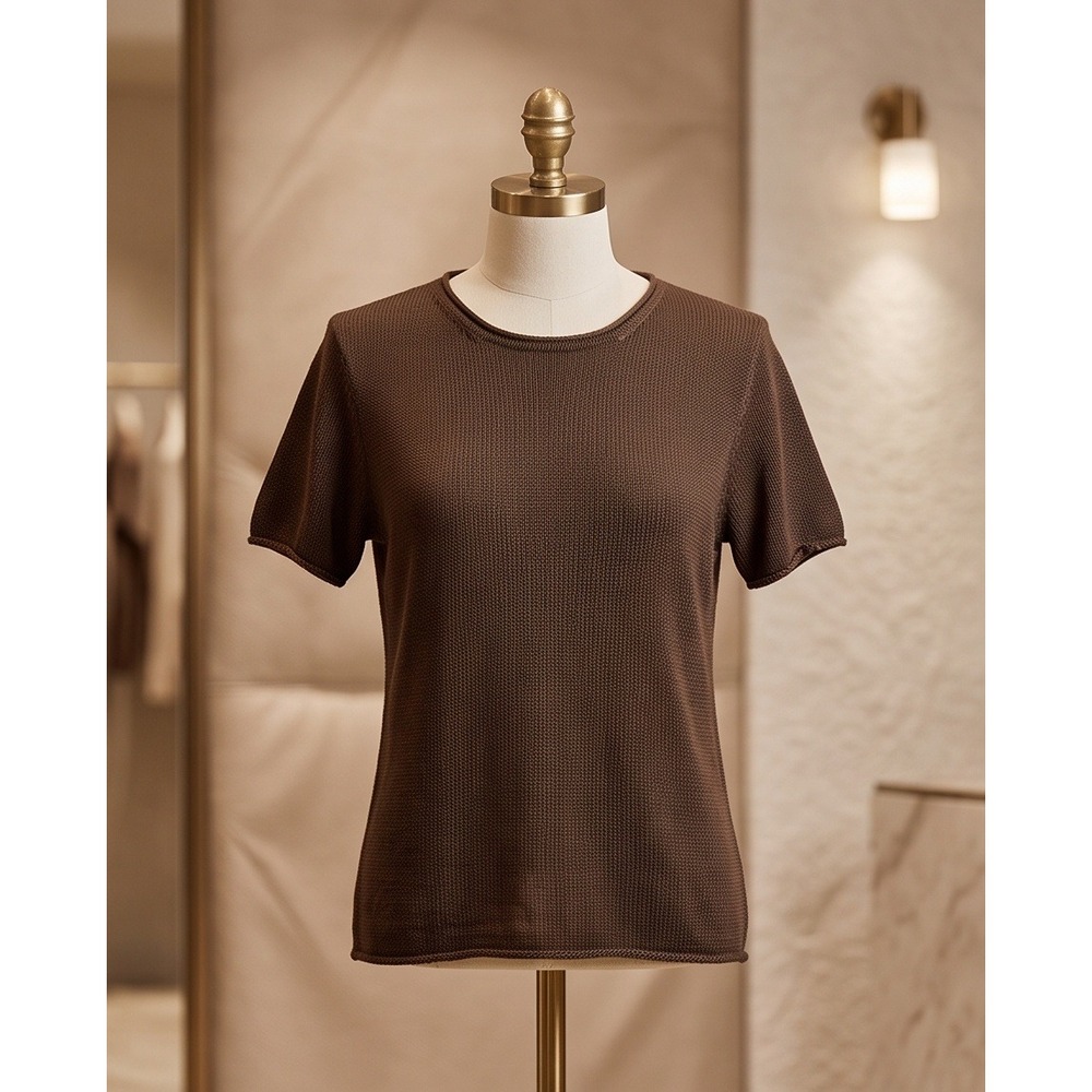 Jones & Co L Brown Short Sleeve Knit Sweater Top Rayon Nylon Neutral Large